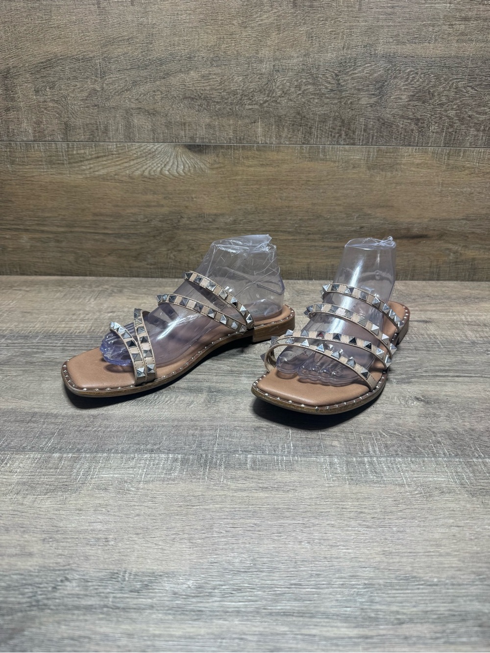 Steve Madden Tan Studded Triple-Strap Slide Sandals